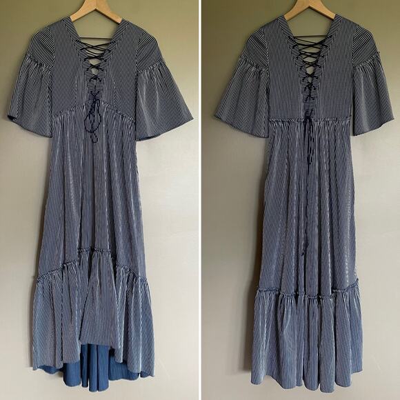 LA LIGNE La Boheme Dress Striped Lace Up Maxi Navy Blue Size XS Tiered Flouncy‎ - Picture 6 of 16